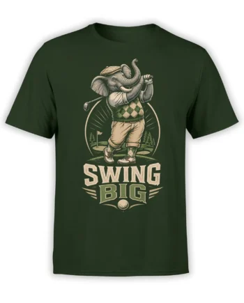 Dark green unisex t-shirt featuring a vintage elephant golfer swinging a club with bold “Swing Big” slogan on a golf course background