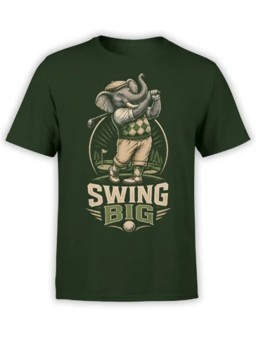 Dark green unisex t-shirt featuring a vintage elephant golfer swinging a club with bold “Swing Big” slogan on a golf course background