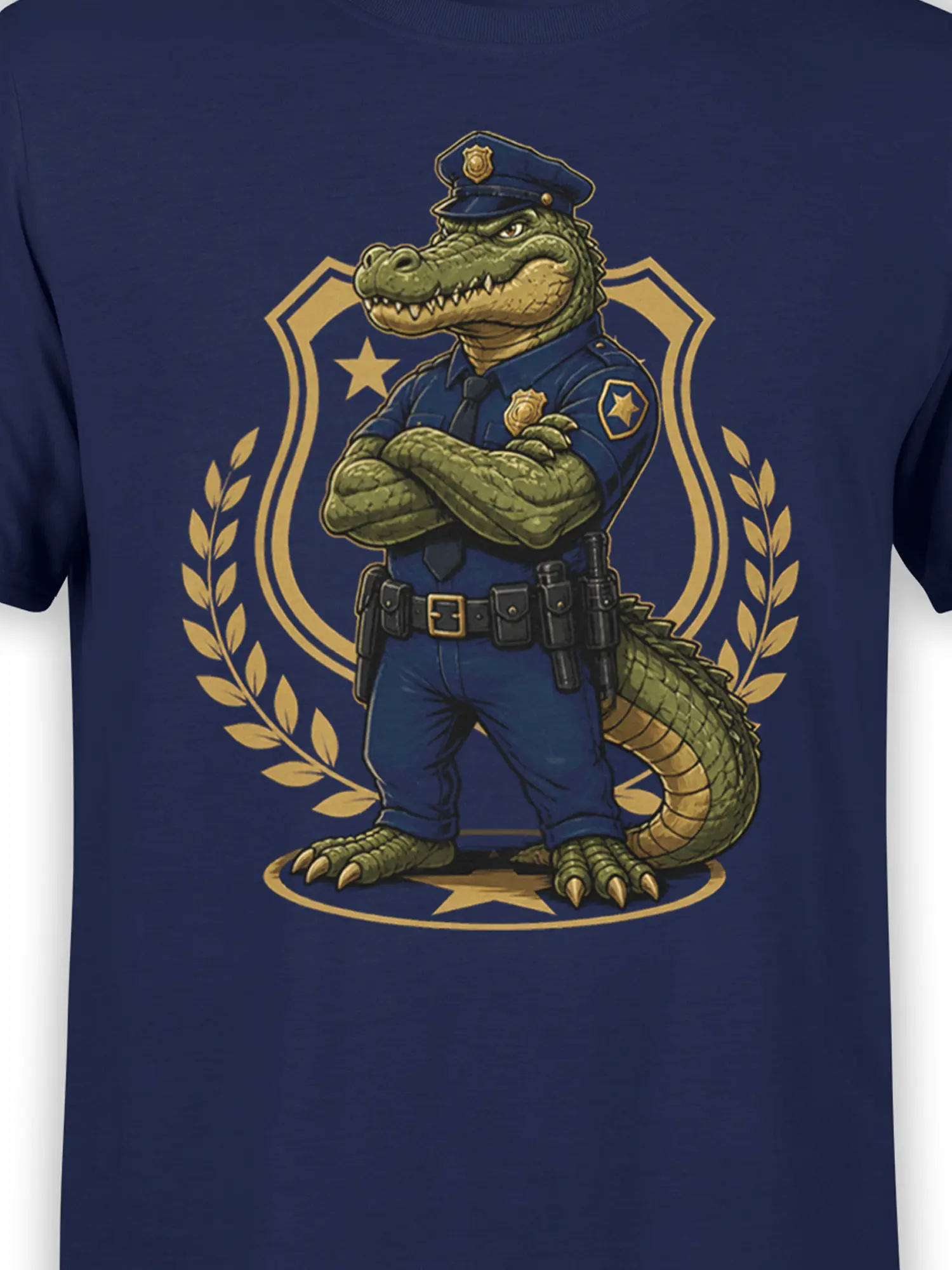 close-up of crocodile cop uniform and golden badge details on navy graphic shirt