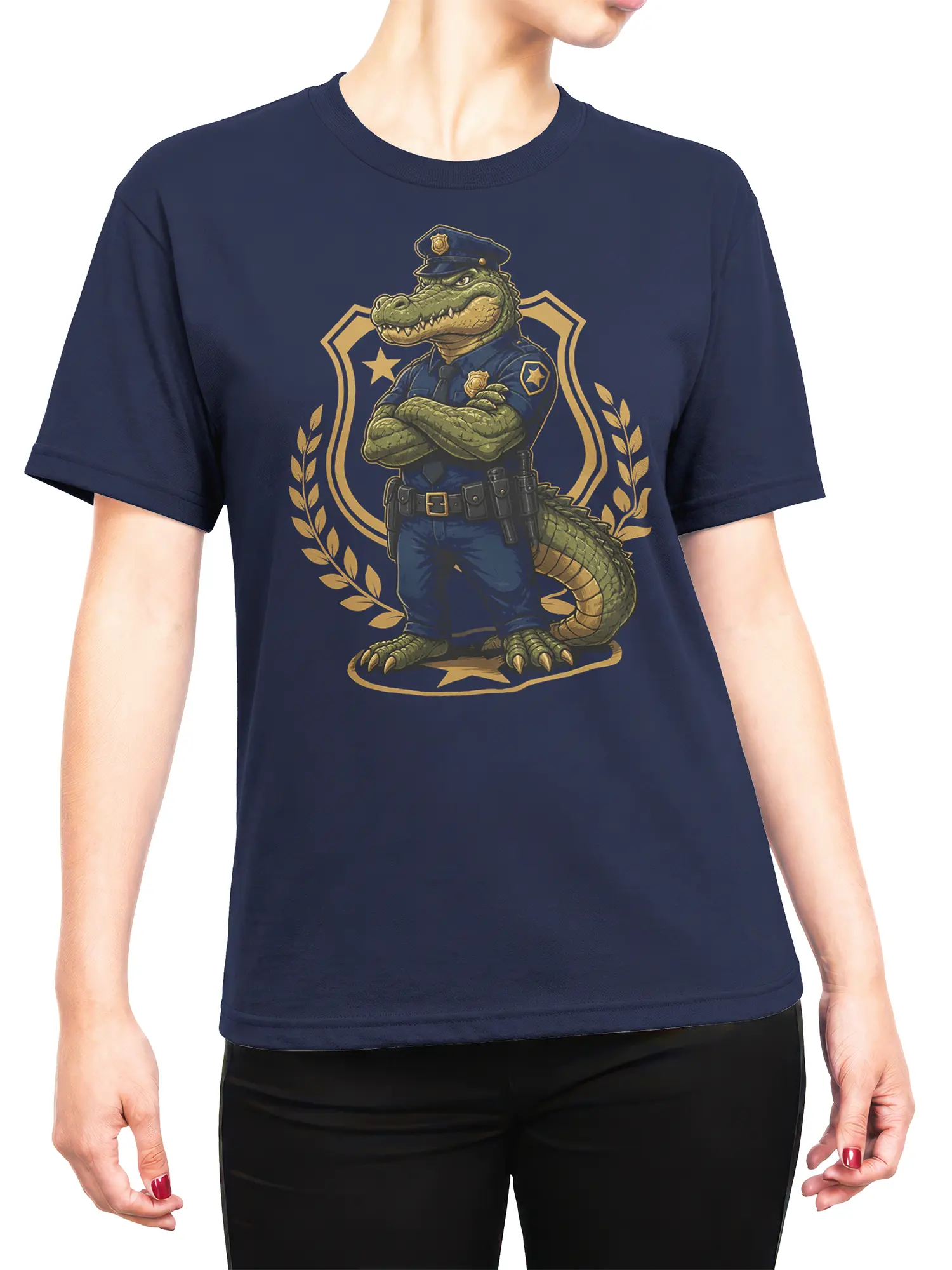 female model wearing navy shirt with cartoon crocodile police officer and badge emblem graphic