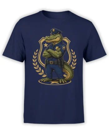 navy unisex shirt with detailed cartoon crocodile police officer standing in front of a golden badge and laurel emblem