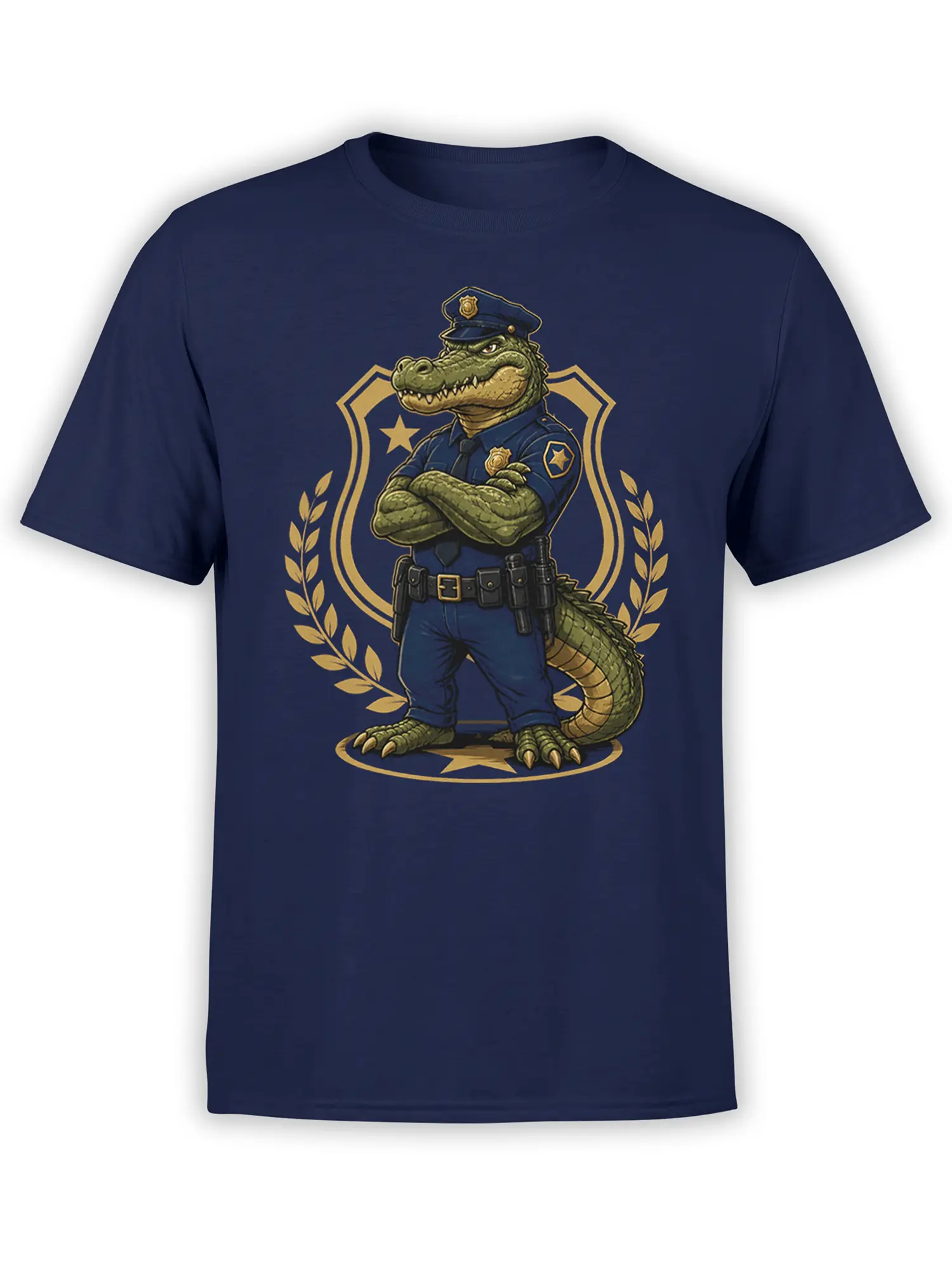 navy unisex shirt with detailed cartoon crocodile police officer standing in front of a golden badge and laurel emblem