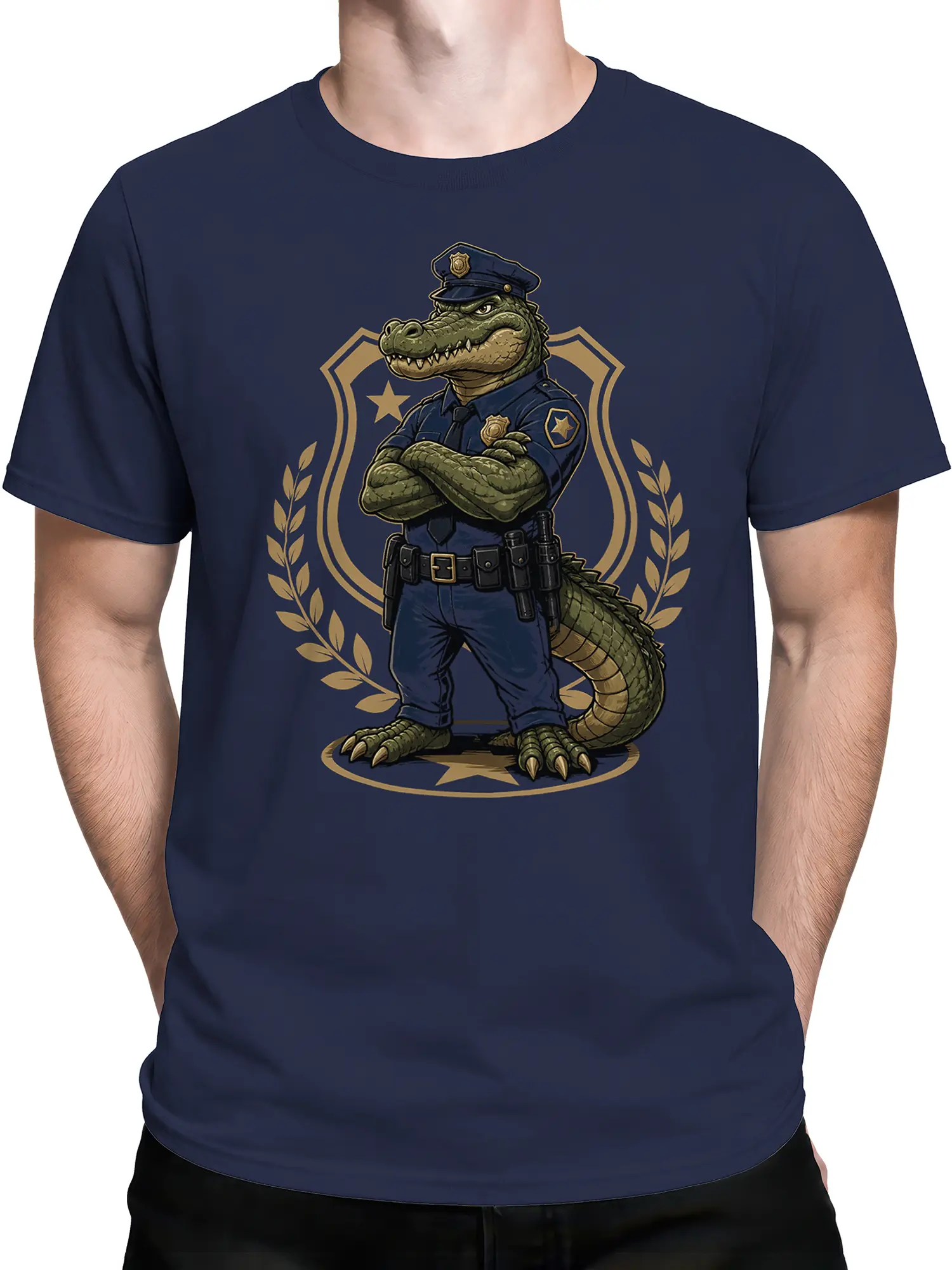 male model in navy shirt featuring cartoon crocodile cop with crossed arms over badge and laurel graphic