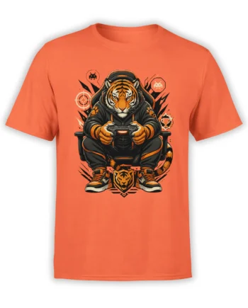 orange unisex t-shirt featuring a tiger in a hoodie and headset gaming with a controller, framed by bold retro video game icons