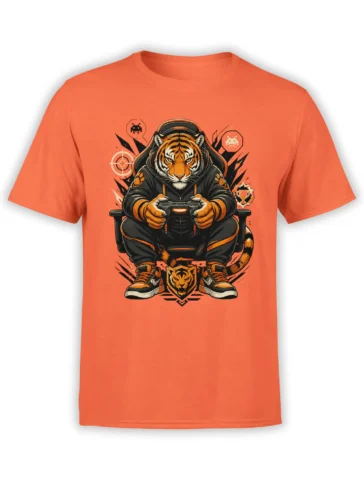 orange unisex t-shirt featuring a tiger in a hoodie and headset gaming with a controller, framed by bold retro video game icons