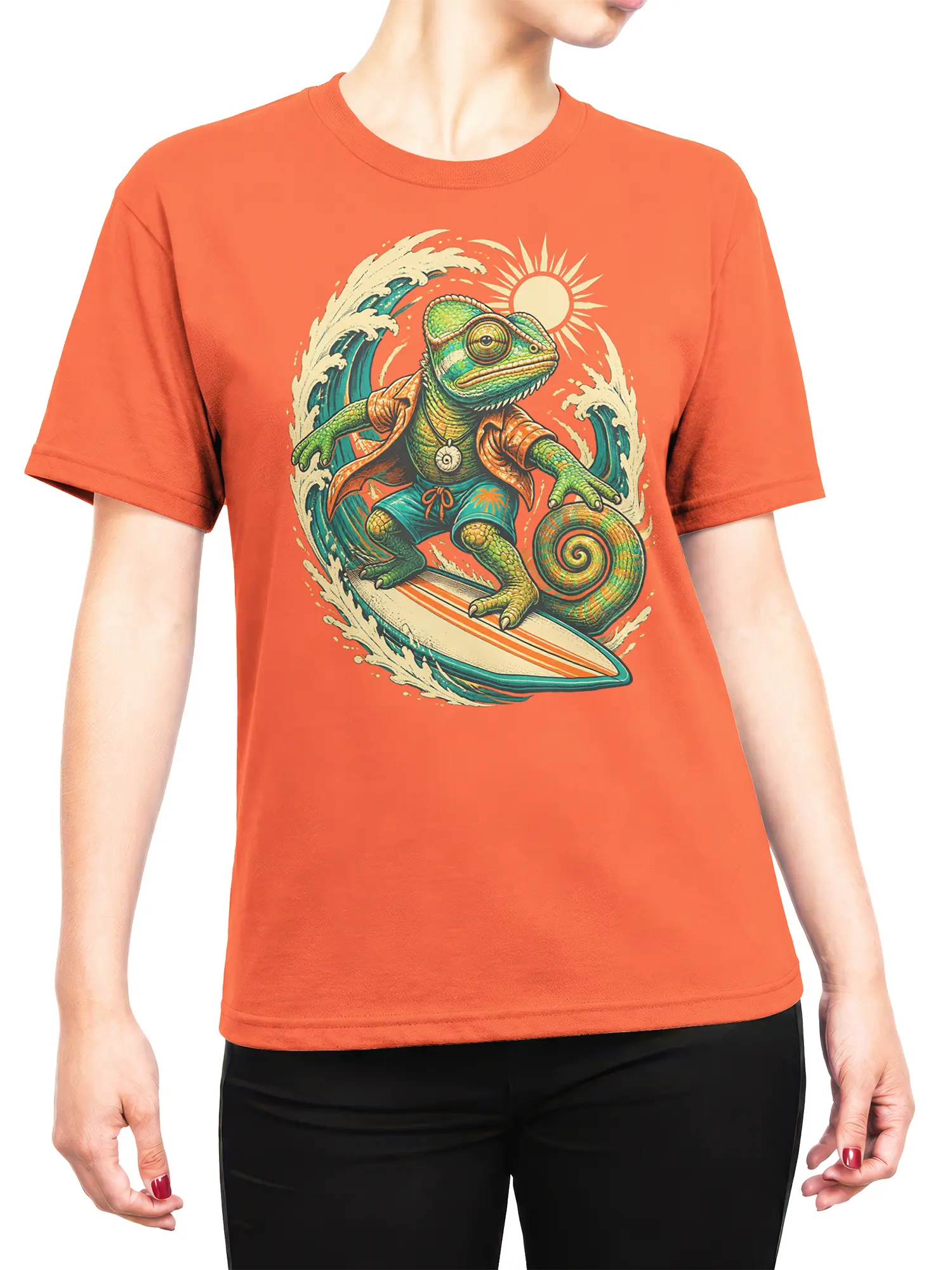 female model wearing orange surfing chameleon shirt with bold tropical wave artwork