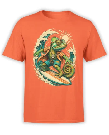 orange unisex shirt with a colorful surfing chameleon in tropical clothes riding a wave under the sun