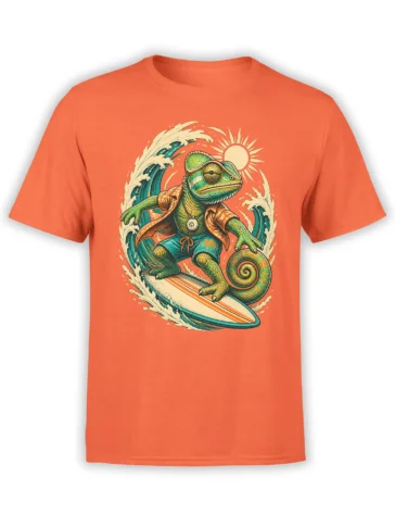 orange unisex shirt with a colorful surfing chameleon in tropical clothes riding a wave under the sun