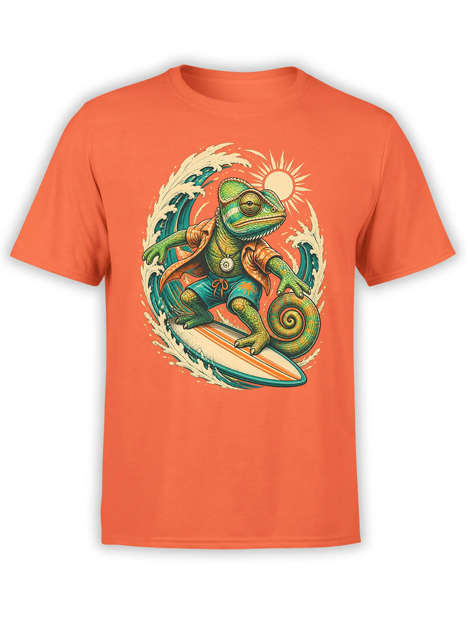 orange unisex shirt with a colorful surfing chameleon in tropical clothes riding a wave under the sun