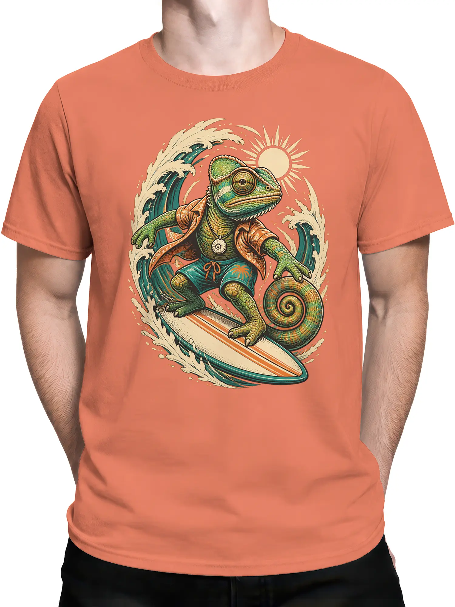 male model wearing orange tee with colorful surfing chameleon and sun graphic