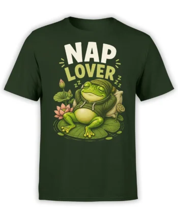 dark green unisex t-shirt with cute Nap Lover frog graphic lounging on a lily pad surrounded by lotus flowers