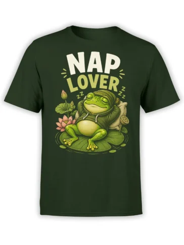 dark green unisex t-shirt with cute Nap Lover frog graphic lounging on a lily pad surrounded by lotus flowers