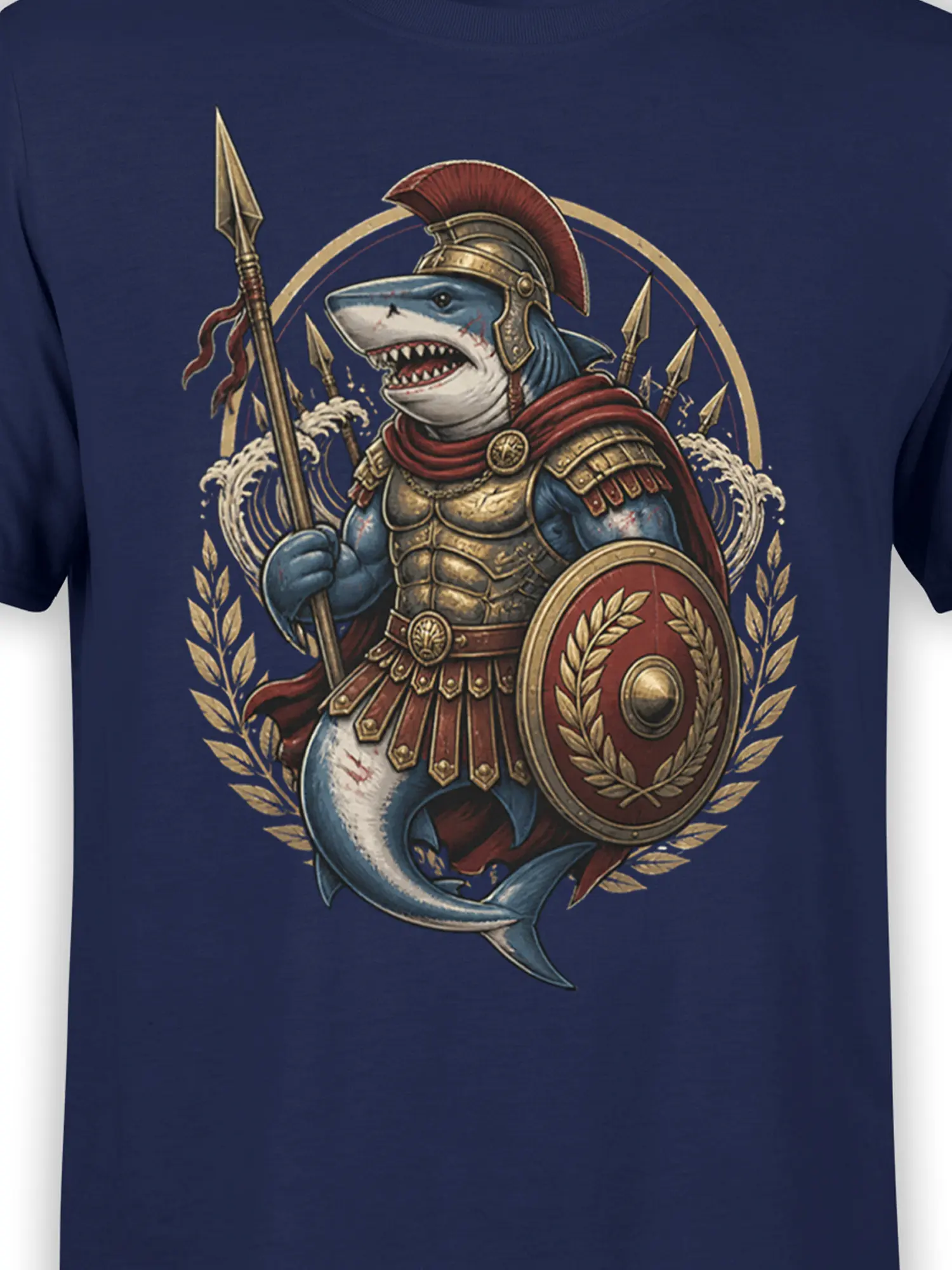 close-up of Roman shark warrior design showing armor details, laurel shield, and wave background on navy fabric