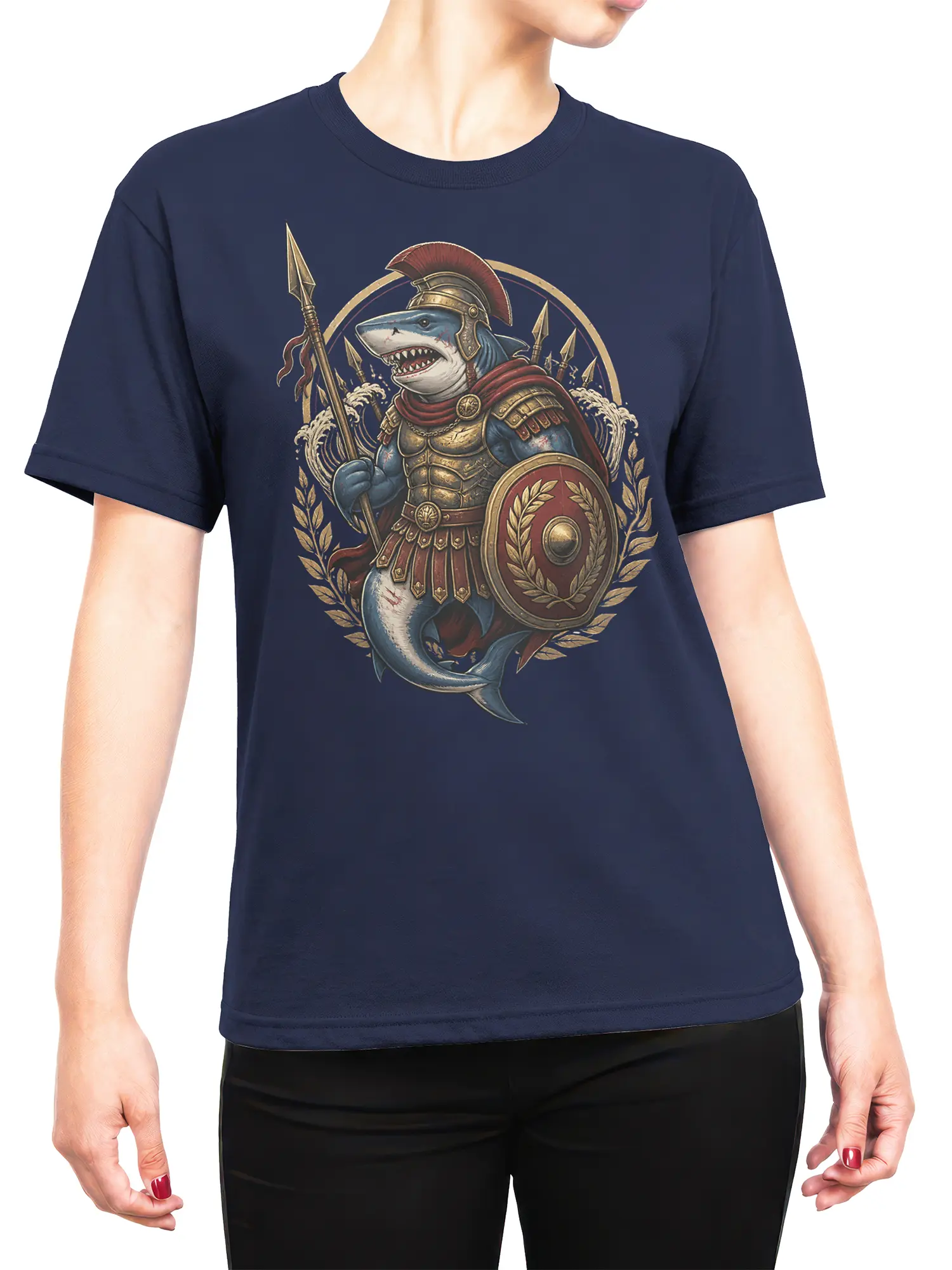 female model wearing navy shirt with Roman shark warrior spear and shield design centered on chest