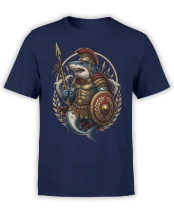 navy unisex shirt with detailed Roman-armored shark warrior holding spear and shield framed by laurel leaves and crashing waves