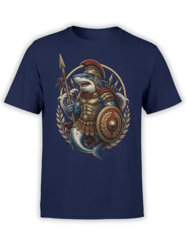 navy unisex shirt with detailed Roman-armored shark warrior holding spear and shield framed by laurel leaves and crashing waves