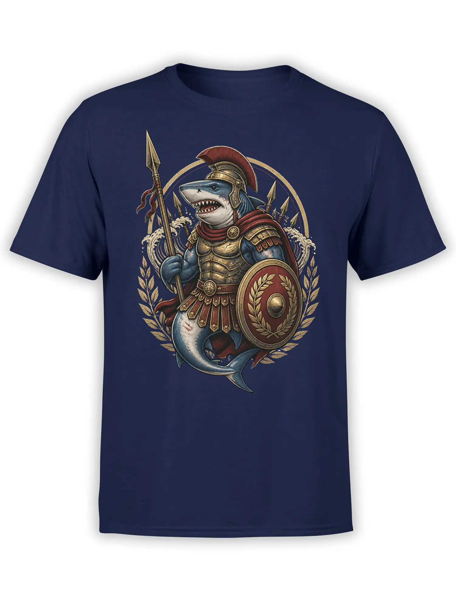 navy unisex shirt with detailed Roman-armored shark warrior holding spear and shield framed by laurel leaves and crashing waves