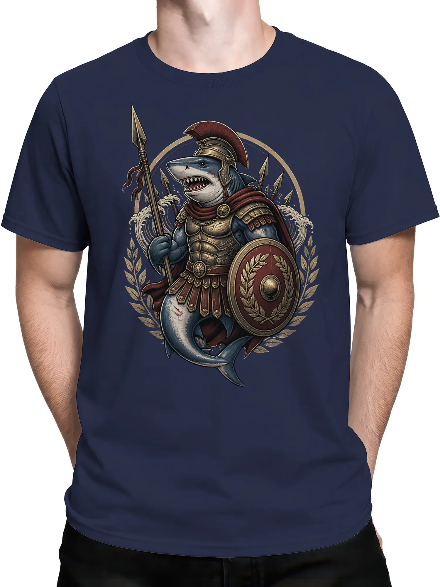 male model wearing navy shirt featuring armored shark warrior with spear, shield, and laurel wreath graphic