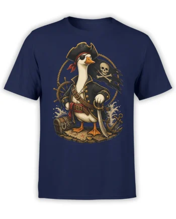 navy unisex t-shirt with detailed pirate goose captain graphic holding a sword, standing by treasure chest, anchor, and skull flag