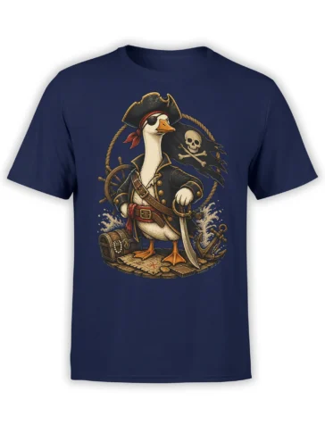 navy unisex t-shirt with detailed pirate goose captain graphic holding a sword, standing by treasure chest, anchor, and skull flag