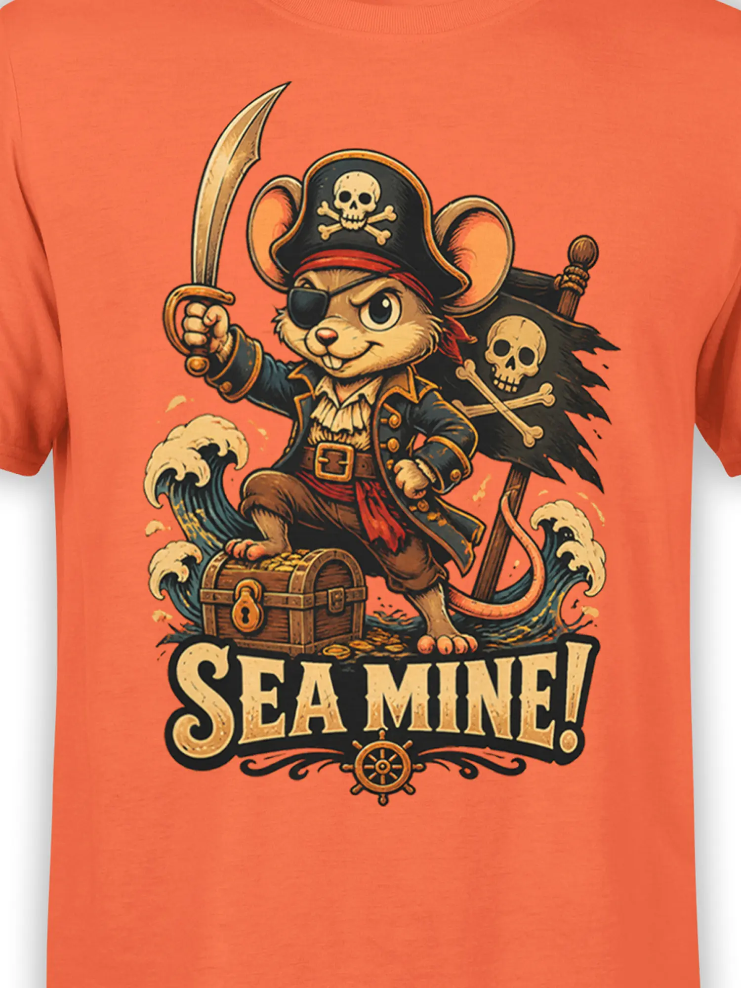 close-up of pirate mouse illustration with sword, skull hat and “Sea Mine!” text on orange fabric