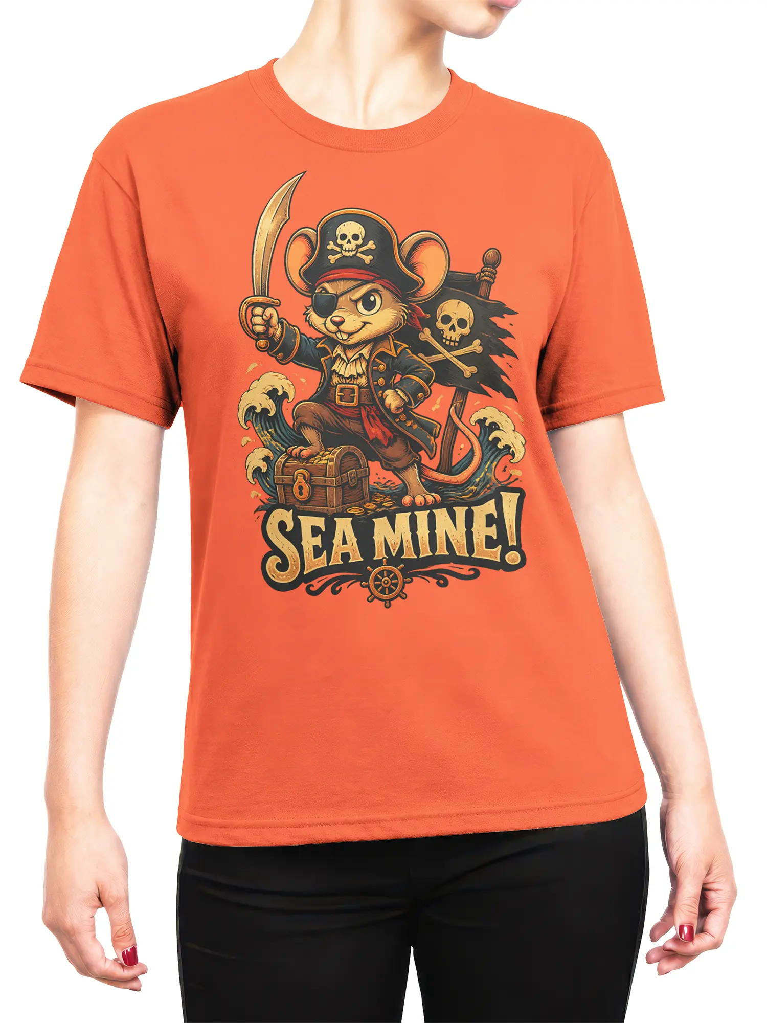 female model wearing orange pirate mouse “Sea Mine!” shirt with cute nautical graphic