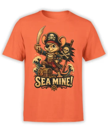 orange unisex shirt with cute pirate mouse, sword, treasure chest and “Sea Mine!” pun design printed large on the front