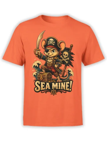 orange unisex shirt with cute pirate mouse, sword, treasure chest and “Sea Mine!” pun design printed large on the front