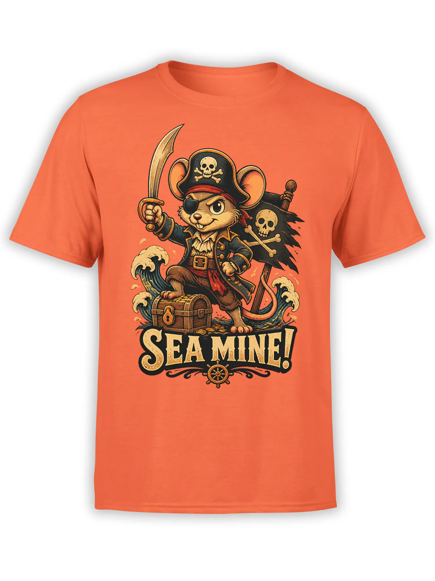 orange unisex shirt with cute pirate mouse, sword, treasure chest and “Sea Mine!” pun design printed large on the front