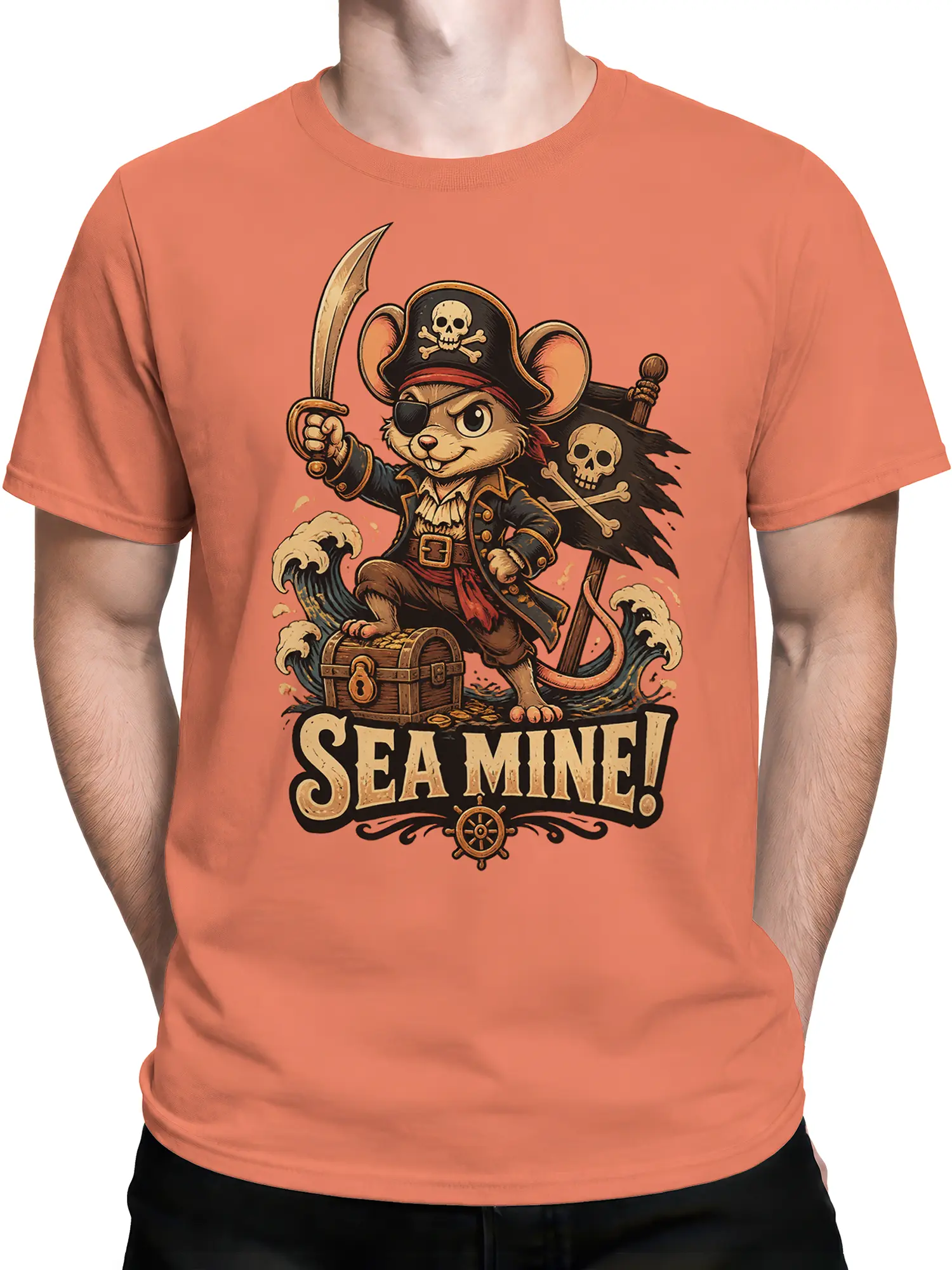male model in orange pirate mouse “Sea Mine!” tee with bold nautical cartoon graphic