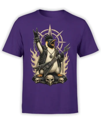 Unisex purple shirt with a metal penguin playing a sharp V guitar over skulls and flames in bold rock-style artwork