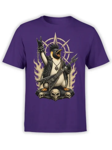 Unisex purple shirt with a metal penguin playing a sharp V guitar over skulls and flames in bold rock-style artwork