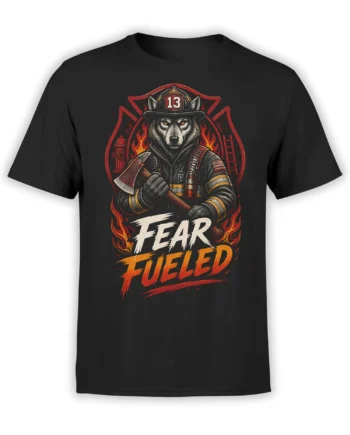 black unisex t-shirt with fierce wolf firefighter graphic, flames, and bold Fear Fueled text across the front