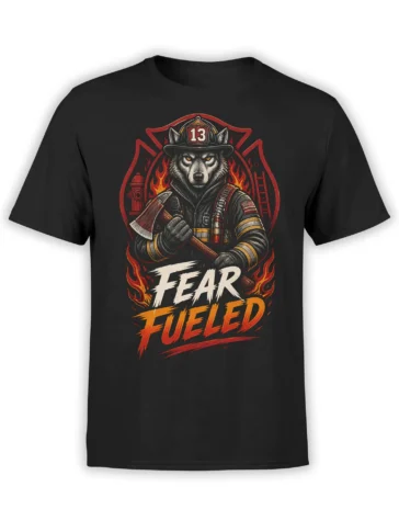 black unisex t-shirt with fierce wolf firefighter graphic, flames, and bold Fear Fueled text across the front