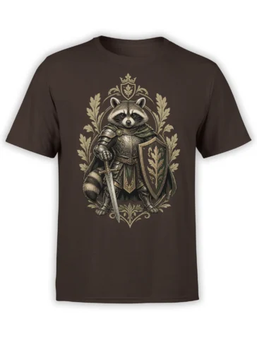 Brown unisex t-shirt with detailed fantasy raccoon knight in armor holding a sword and shield with oak crest