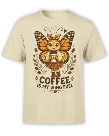 beige unisex t-shirt with cute butterfly girl holding coffee and “Coffee Is My Wing Fuel” slogan in warm brown tones