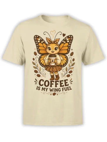 beige unisex t-shirt with cute butterfly girl holding coffee and “Coffee Is My Wing Fuel” slogan in warm brown tones