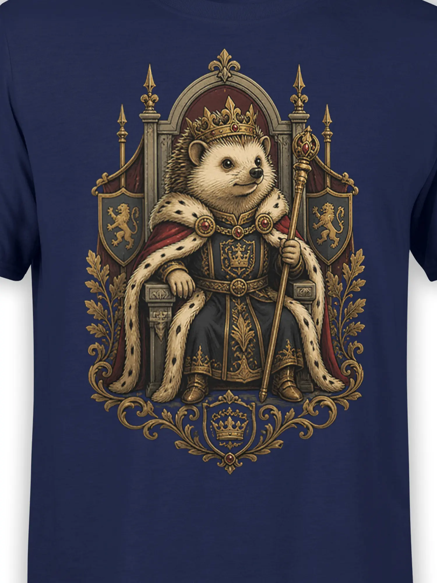 close-up of hedgehog king illustration with crown, fur-trimmed cape, scepter, and intricate gold filigree on navy fabric