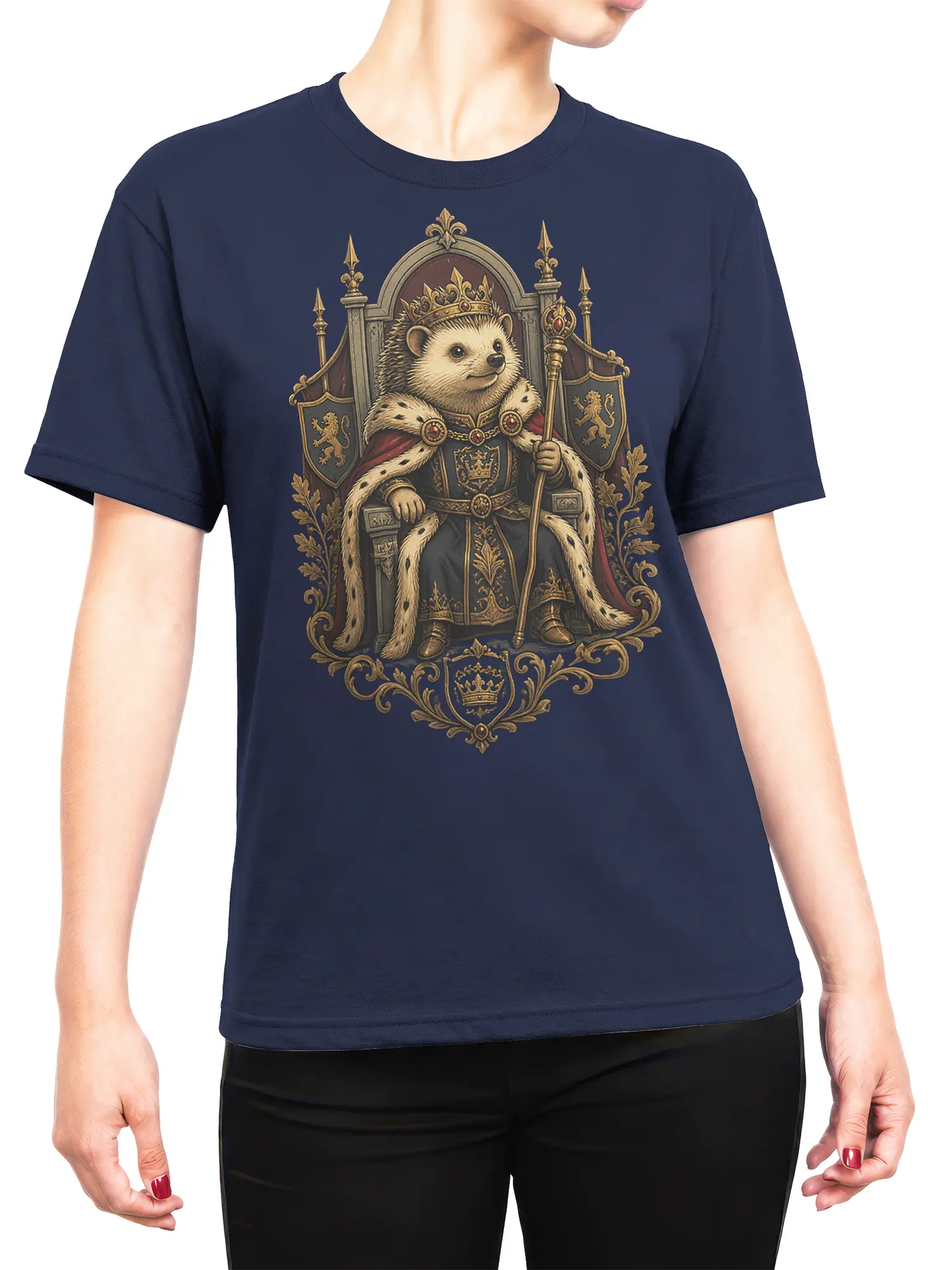 female model wearing navy hedgehog king shirt with ornate medieval throne design centered on the chest