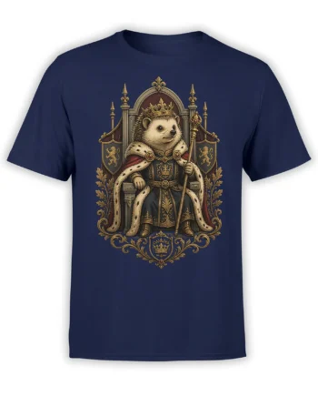navy unisex shirt featuring a detailed hedgehog king on a medieval throne with crown, cape, scepter, and heraldic accents