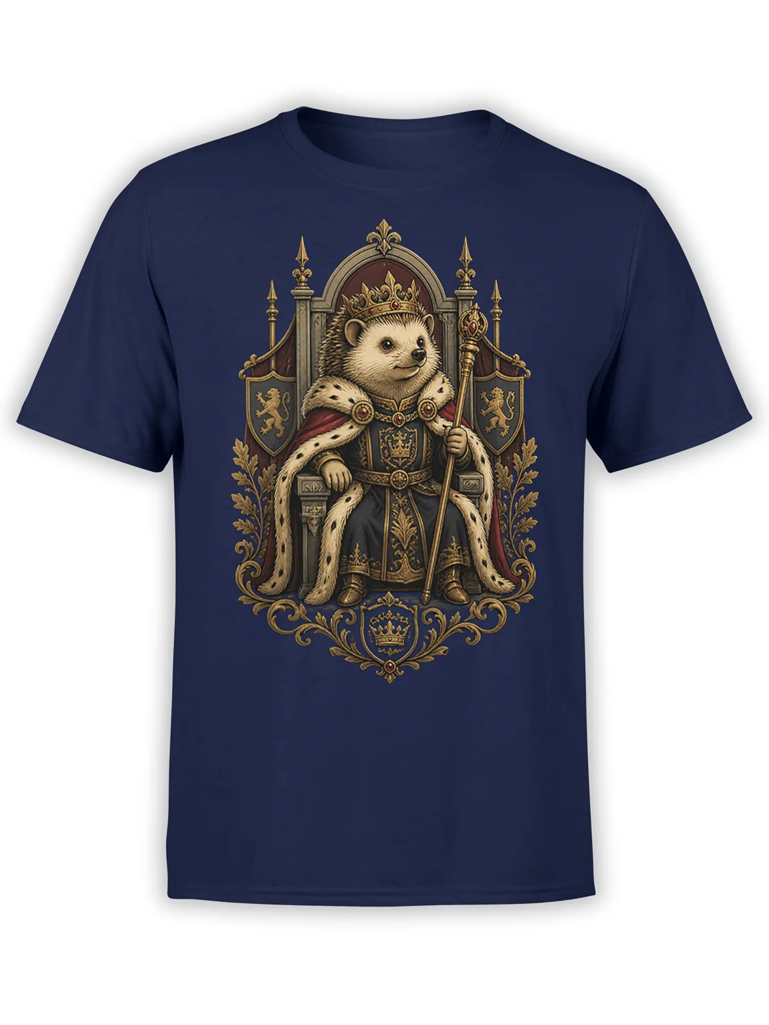 navy unisex shirt featuring a detailed hedgehog king on a medieval throne with crown, cape, scepter, and heraldic accents