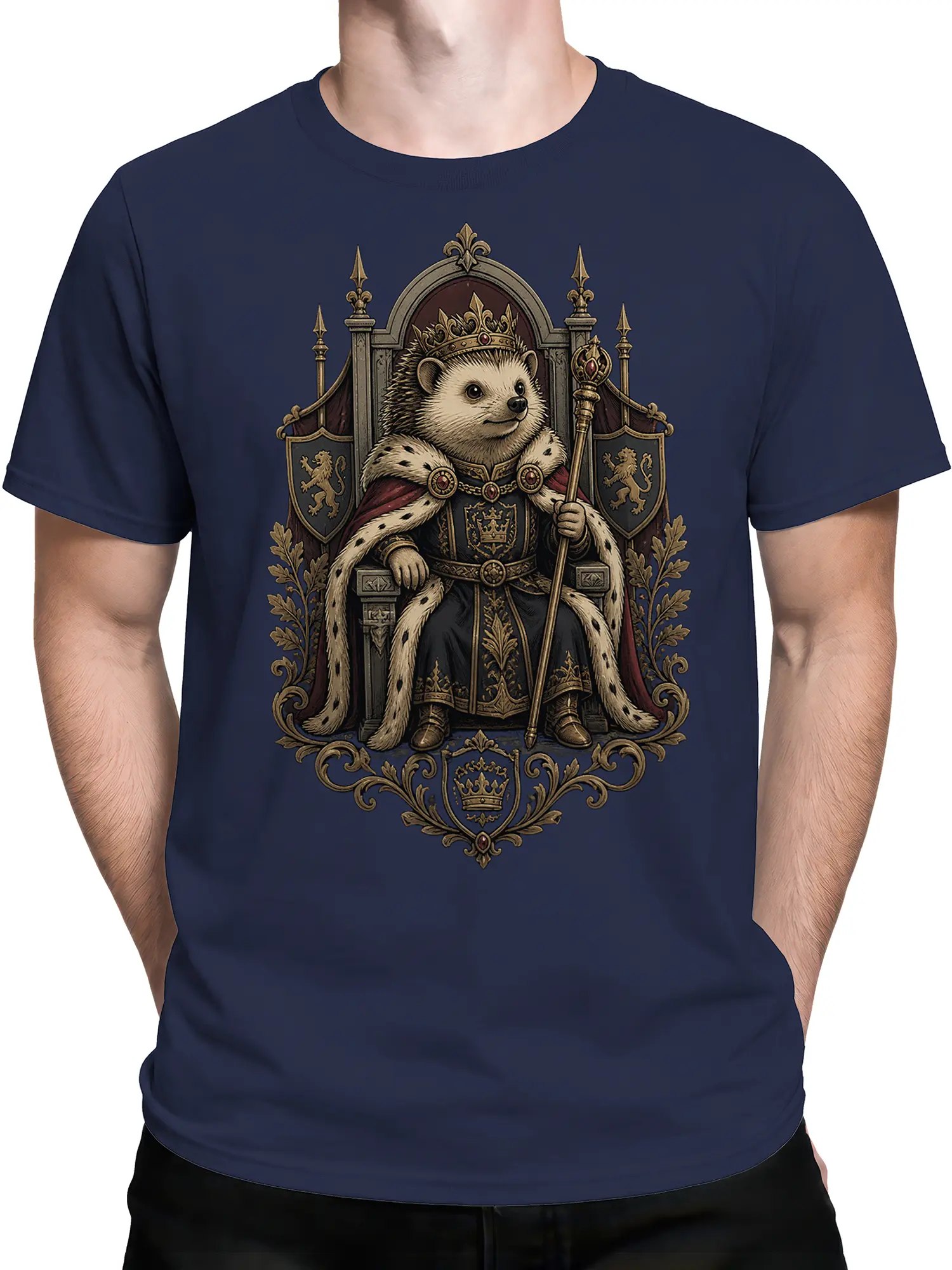 male model in navy hedgehog king tee displaying detailed royal throne illustration across the front