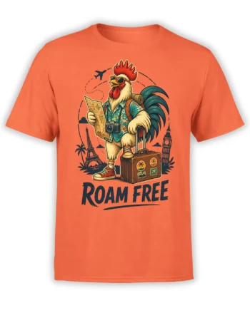 Front view of orange unisex T-shirt with cartoon tourist rooster holding a map, suitcase, and Roam Free travel artwork