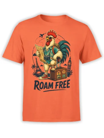 Front view of orange unisex T-shirt with cartoon tourist rooster holding a map, suitcase, and Roam Free travel artwork