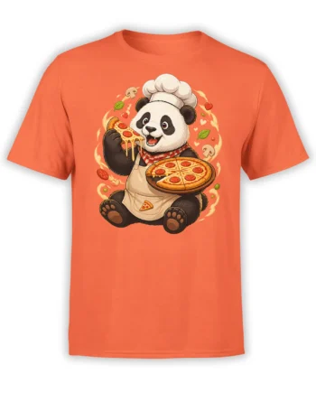 orange unisex t-shirt with cute panda chef holding a cheesy pepperoni pizza slice and whole pizza surrounded by flying toppings