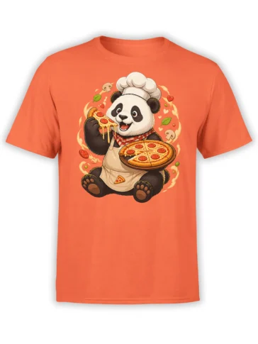 orange unisex t-shirt with cute panda chef holding a cheesy pepperoni pizza slice and whole pizza surrounded by flying toppings