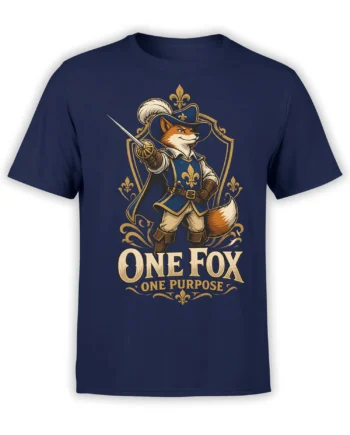 Front view of navy t-shirt with musketeer fox holding a rapier inside a gold fleur-de-lis crest and the text “One Fox One Purpose”