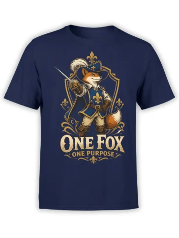 Front view of navy t-shirt with musketeer fox holding a rapier inside a gold fleur-de-lis crest and the text “One Fox One Purpose”