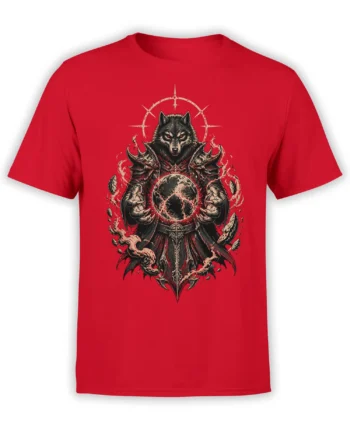 Red unisex t-shirt with detailed armored wolf warrior holding a cracked glowing planet in a dark fantasy style