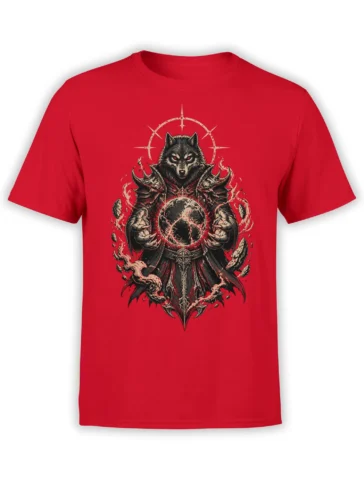 Red unisex t-shirt with detailed armored wolf warrior holding a cracked glowing planet in a dark fantasy style